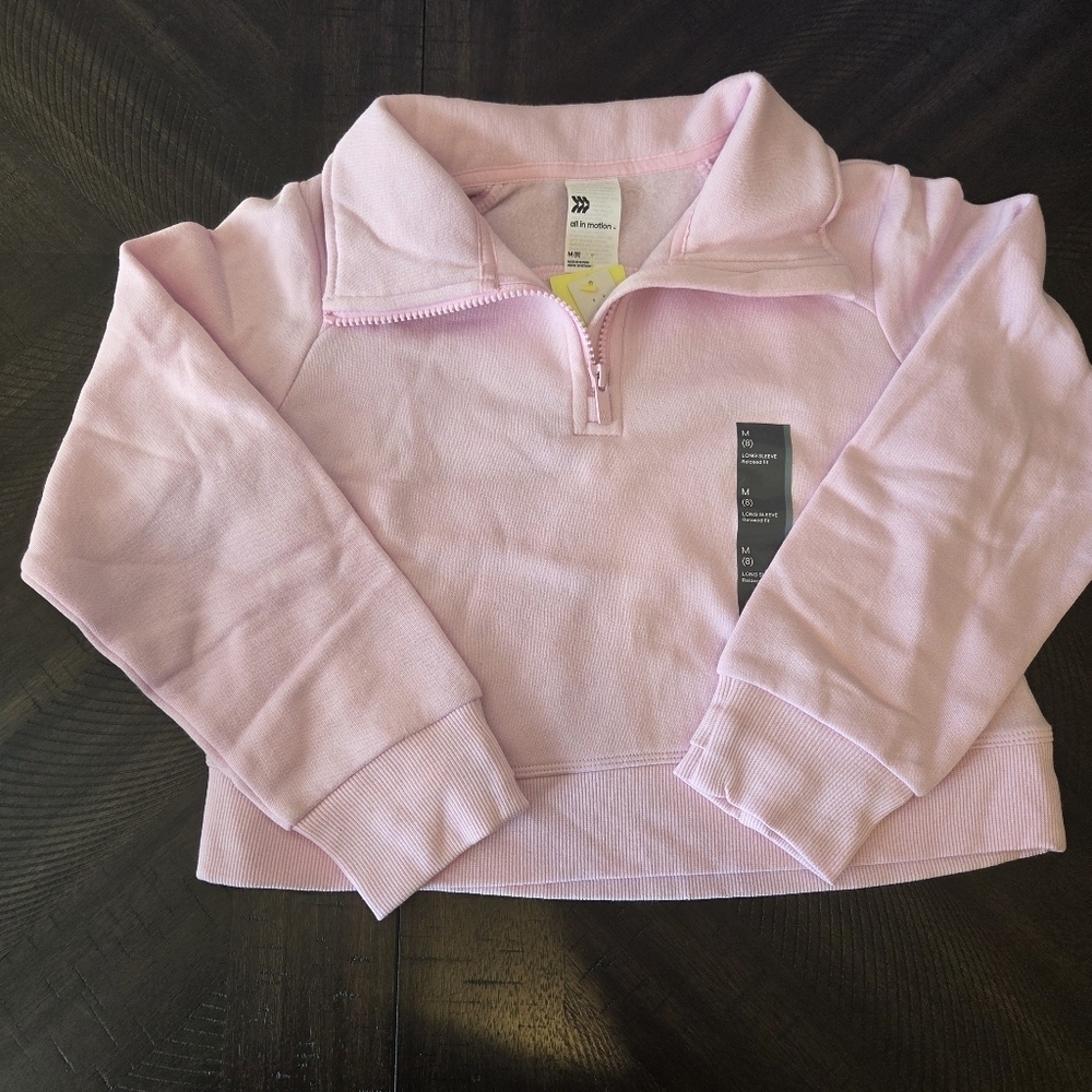Girls' Medium (8) Pink 1/2 Zip Cotton Fleece Sweatshirt Pullover Thumb Hole New - Picture 2 of 12